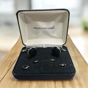 Pronto Uomo Men's Round Black Faux Onyx Silver Tone Cufflinks & Tux Shirt Studs